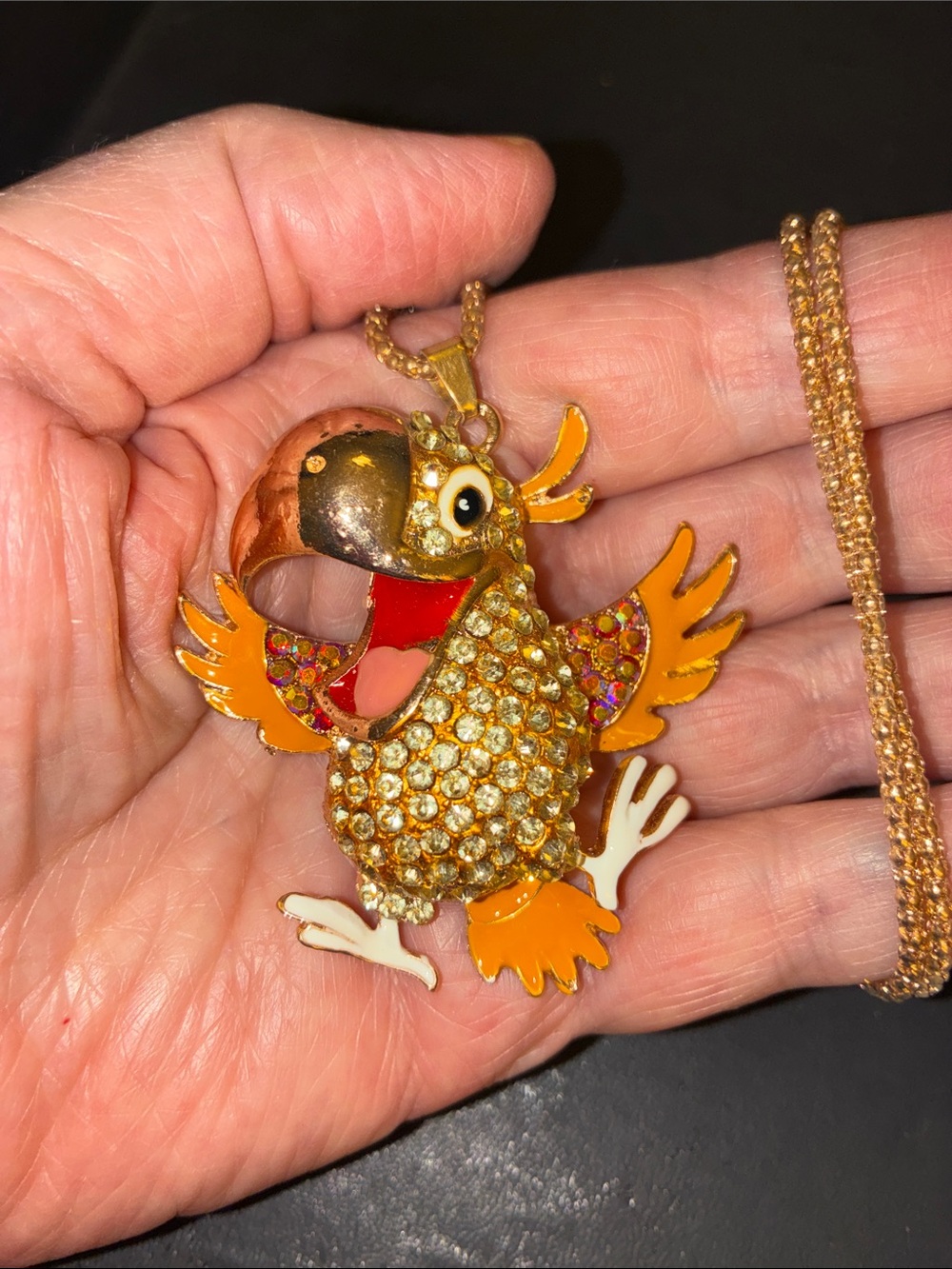Gold-tone Orange Parrot Pendant Fun Necklace